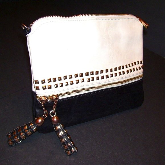 MMS Handbag Clutch Purse Tan Black Two Tone Studs Tassels Bag Gold Hardware - Picture 1 of 6